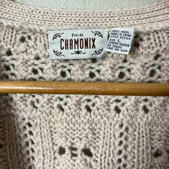 3D Cable Knit Fisherman Chamonix Cardigan Sweater Women L Cream Wool Heavy Cozy - Picture 7 of 8